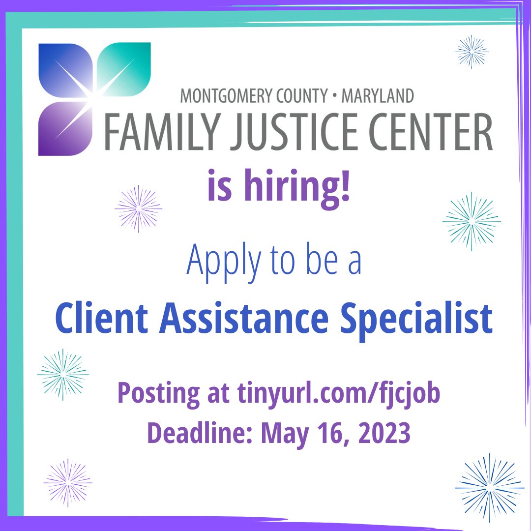 mocodvcc (@mocodvcc) on Twitter photo Join the team at the Montgomery County Family Justice Center! An opening for a Client Assistant Specialist is now available. Deadline 5/16/23.
tinyurl.com/fjcjob <a href="/MNADV/">MDNetworkAgainstDV</a> <a href="/HouseOfRuthMd/">HouseOfRuthMD</a> Join the team at the Montgomery County Family Justice Center! An opening for a Client Assistant Specialist is now available. Deadline 5/16/23.
tinyurl.com/fjcjob <a href="/MNADV/">MDNetworkAgainstDV</a> <a href="/HouseOfRuthMd/">HouseOfRuthMD</a>