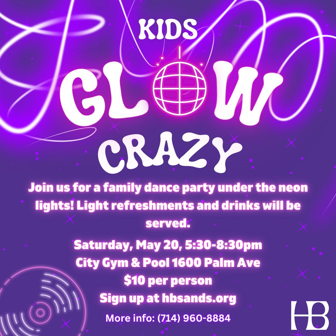 HBCommServices's tweet photo. Join us for this brand new event, Kids Glow Crazy, on Saturday, May 20th! Our DJ will get you moving at this glow-in-the-dark dance party for the whole family! Drinks and light refreshments will be available. For more info call 714-960-8884. https://t.co/ftxZh48IrA
