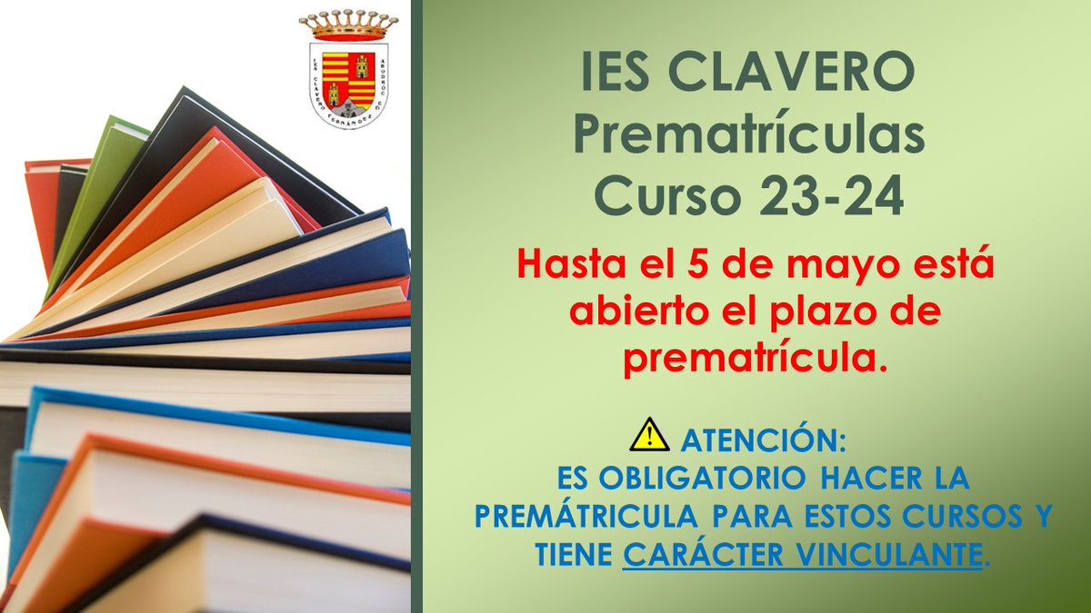 IesClavero's tweet photo. Hasta el 5 de mayo hay que realizar la prematrícula. 
Es obligatorio realizar la prematrícula y es vinculante, es decir, las opciones seleccionadas son un compromiso para el curso que viene. En caso de tener alguna duda preguntad en Orientación o Jefatura de Estudios. https://t.co/qyRmvCQjJE