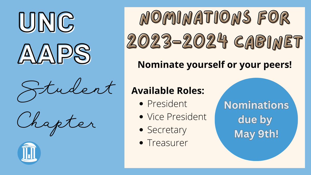 Nominations to run for a chapter cabinet position for 2023-2024 are now open! You can nominate yourself or one of your peers for any of the available positions. Please submit all nominations by May 9th! Nomination Form: docs.google.com/forms/d/e/1FAI…