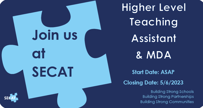 S_E_C_A_T's tweet photo. Bournes Green Schools are searching for a Higher Level Teaching Assistant & MDA
The role starts ASAP, and the application closing date is at midday on the 5th June 2023.
#hiring #education #SECAT
https://t.co/hZfO1jxP6O https://t.co/Um6IthDFjF