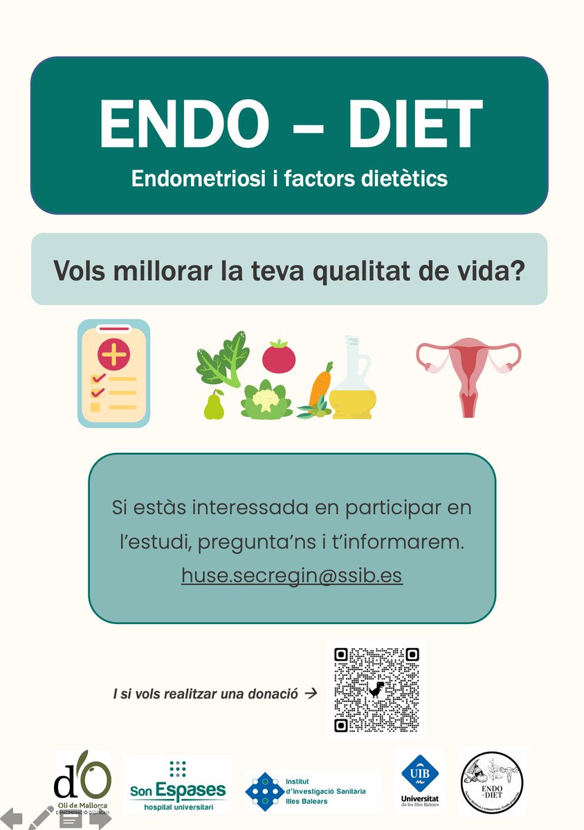 Fins el 15% de les ♀️ pateixen #Endometriosi 
Si tu en pateixes, pots participar a l'estudi #EndoDiet que feim conjuntament @SonEspases @idisbaib i @GMOT16 de l'@UIBuniversitat amb la participació de la DO @OlideMallorca. Estudiem com l'oli d'oliva pot millorar qualitat de vida