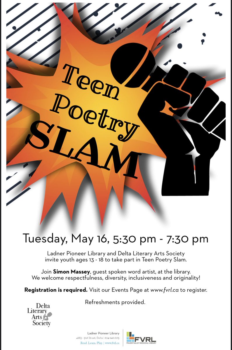 deltaliterary's tweet photo. Ladner Pioneer Library is hosting their first Teen Poetry Slam on Tuesday, May 16 between 5:30 – 7:30 PM. 

Pizza and refreshments will be provided.
 
Please register through our Events Page at: https://t.co/ggAg1Vkys5 or at:  https://t.co/BgQGPAgK84 https://t.co/axyoJhipfO