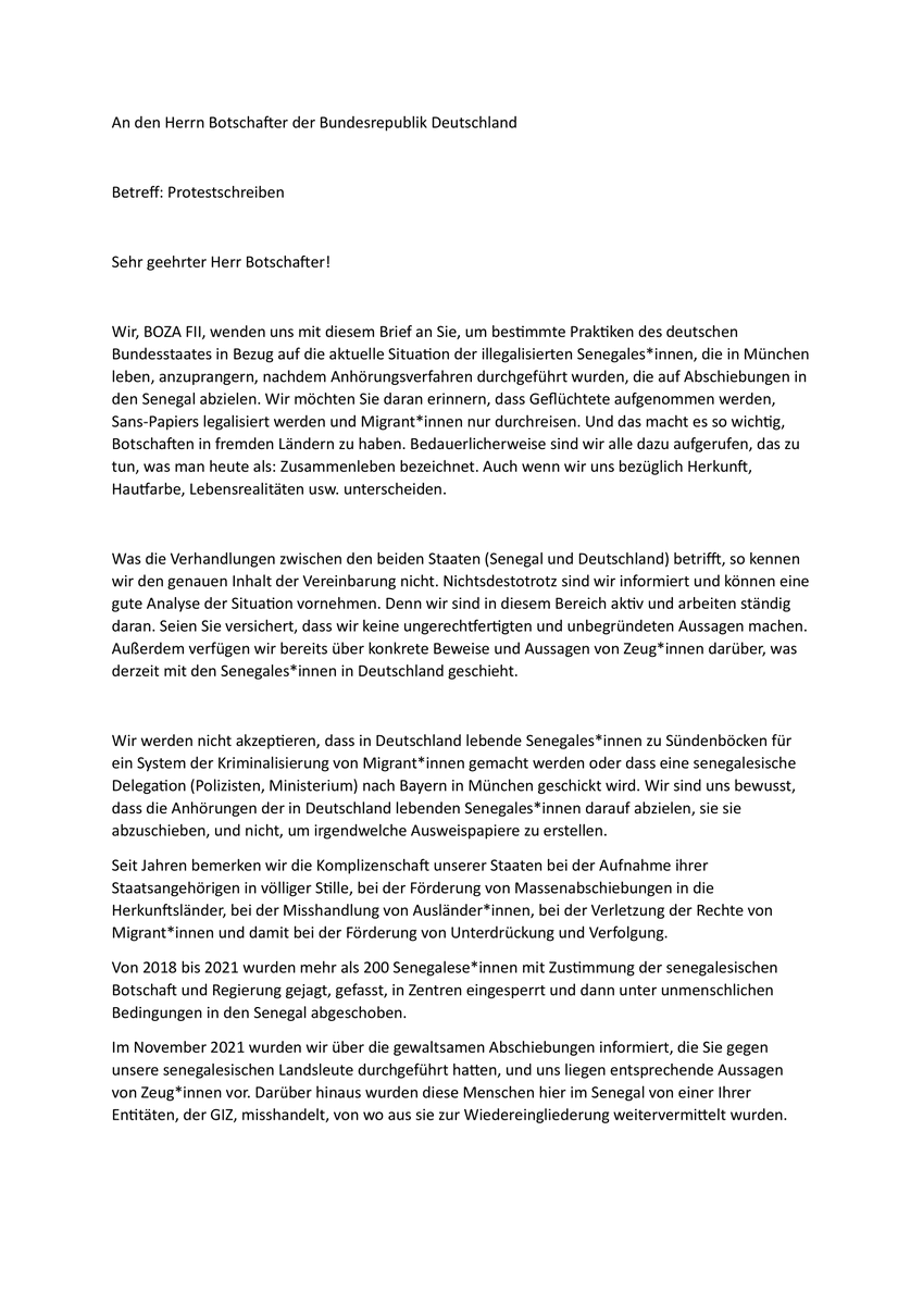 Deutsche Übersetzung des Briefs von Boza fii an den deutschen Botschafter in Dakar, Seite 1</p><p>vollständiger Text:<br>https://magentacloud.de/s/7fWBD8rfN8rAoJC