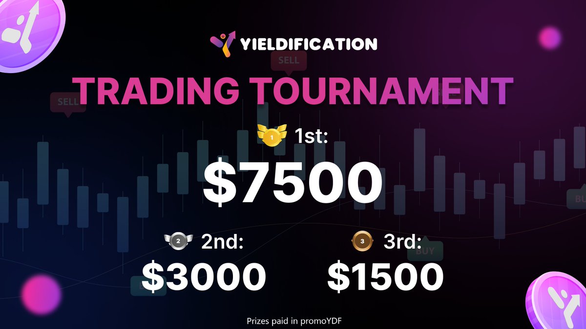 yieldification's tweet photo. Announcing $YDF's Trading Tournament!

Trade on $YDF's upgraded perps platform and see if you can make it to the top of the $YDF leaderboard and win a prize!

1st Place: $7500
2nd Place: $3000
3rd Place: $1500

With a surprise prize for one special trader!

Ends May 16 12:00 UTC. https://t.co/OfTrR7OGWH