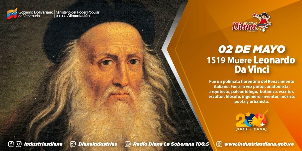 DianaIndustrias's tweet photo. #2May| #Efemerides 
En 1567 a sus 67 años murió ,el pintor, arquitecto, escultor, filósofo, escritor, paleontólogo, botánico y genio del Renacimiento, Leonardo da Vinci.
#TrabajadoresConMaduro https://t.co/QktEQYMtwA