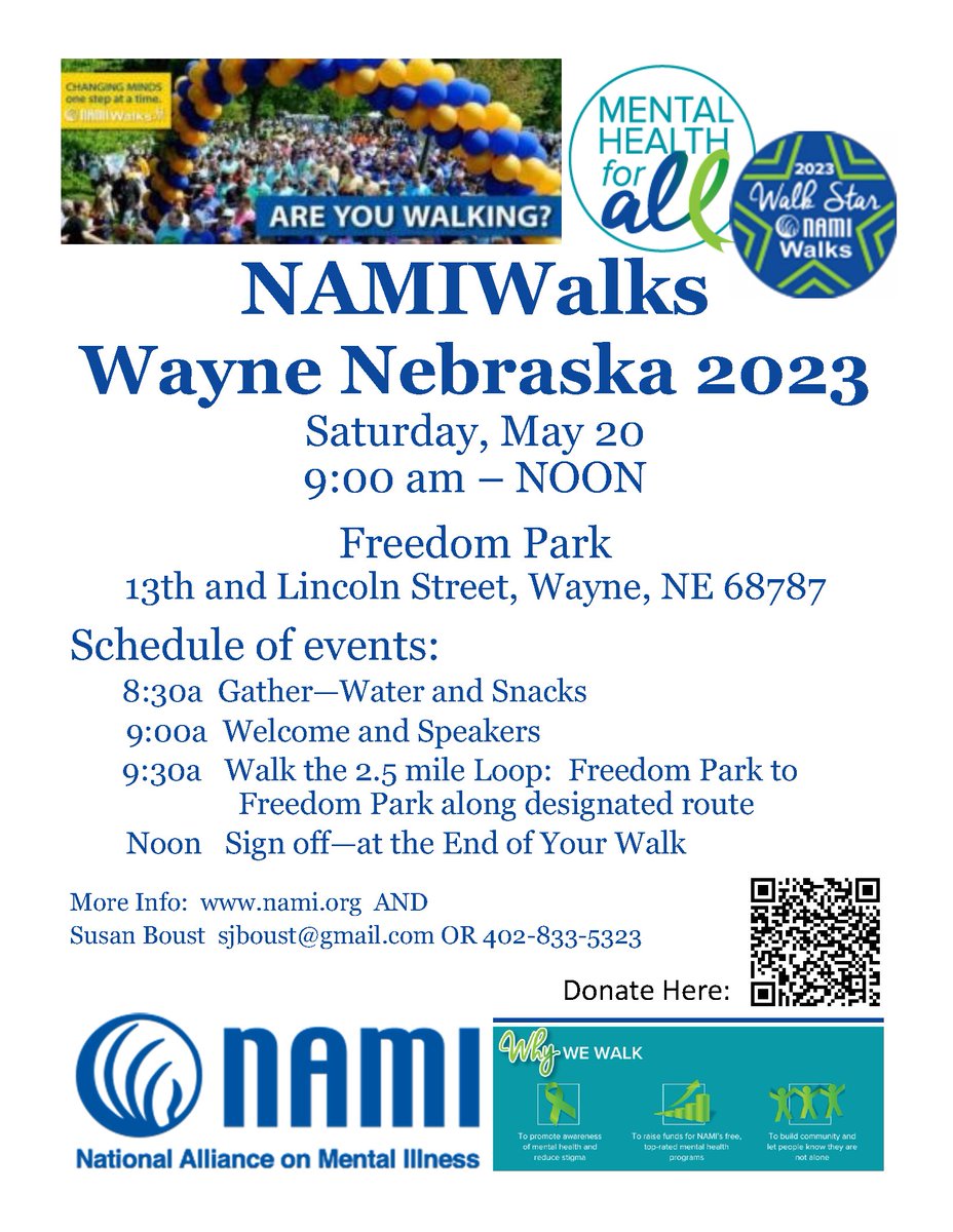 SAVE THE DATE: May 20th, 9:00 am-Noon.
National Alliance on Mental Illness (NAMI) works to reduce the stigma around mental illness; to raise funds for mental health programs; and to build community, letting people with mental illness and their families know they are not alone.