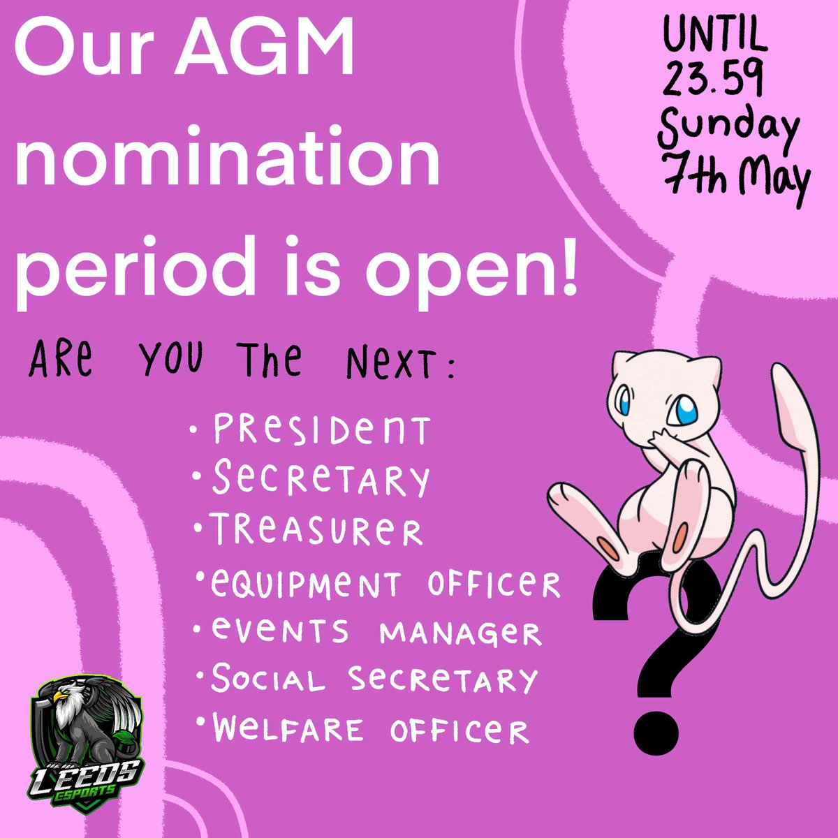 Our AGM is active! You are now able to nominate yourself for next year's committee! You have until the end of the week to nominate yourself, but we need President, Secretary and Treasurer to be fulfilled to keep the soc going next year!

engage.luu.org.uk/election/HBJ3P…