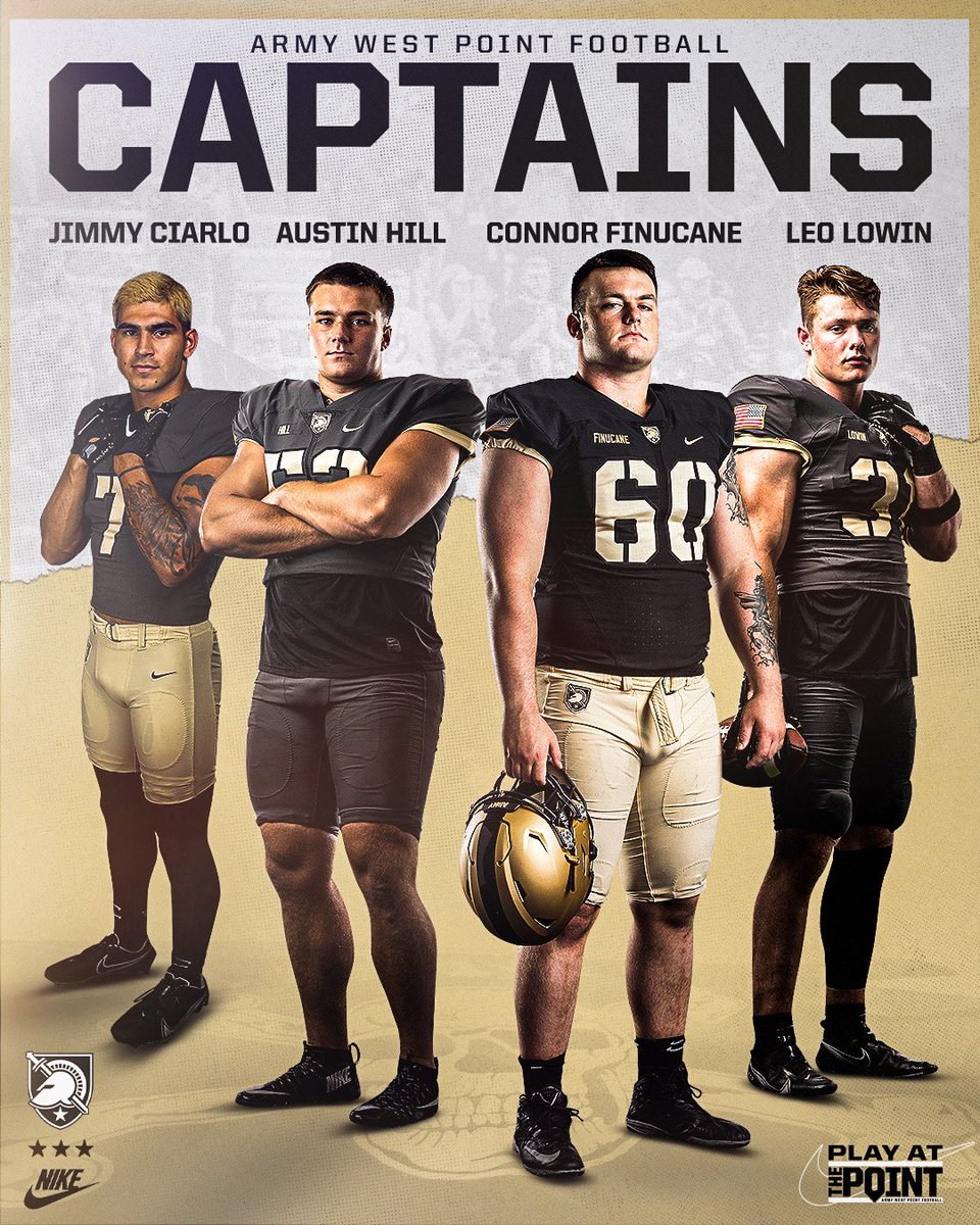 ICYMI: The Brotherhood’s Team Captains for the 2023 season! <a href="/CoachJeffMonken/">Jeff Monken</a> <a href="/ArmyWP_Football/">Army Football</a> 

Jimmy Ciarlo
Austin Hill
Leo Lowin
Connor Finucane

⚔️🇺🇸🏴‍☠️⚔️

#PlayAtThePoint | #BuiltForTheBrotherhood | #BEATnavy🏴‍☠️