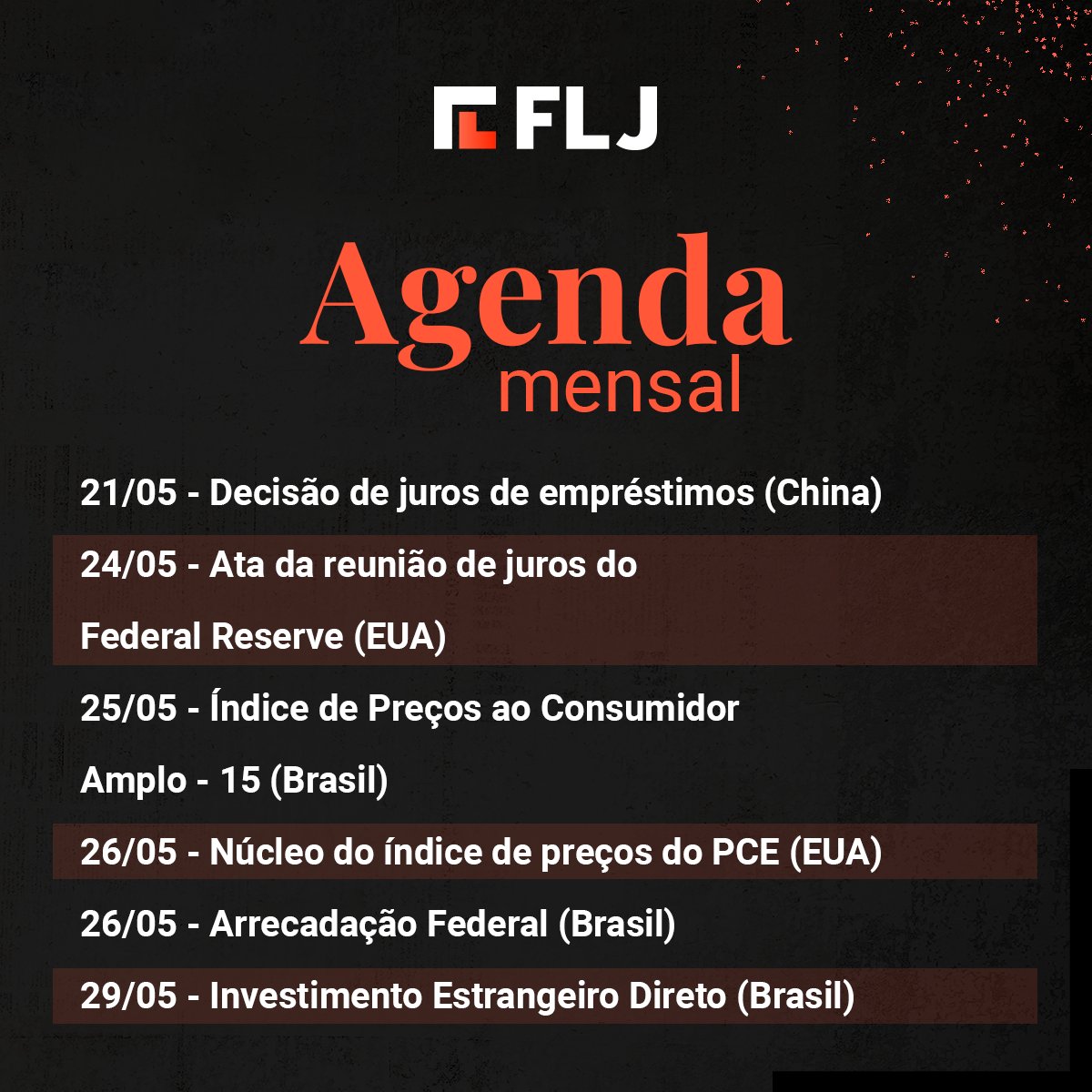 LeiaFLJ's tweet photo. Confira a #AgendaMensal de maio com os principais acontecimentos no radar da #economia!
Salve este post e consulte sempre que precisar.
#mercadofinanceiro #flj #noticia #federalreserve #cobom #bacem #selic #juros #superquarta #PMI #Payroll https://t.co/xrG4dtUsfX