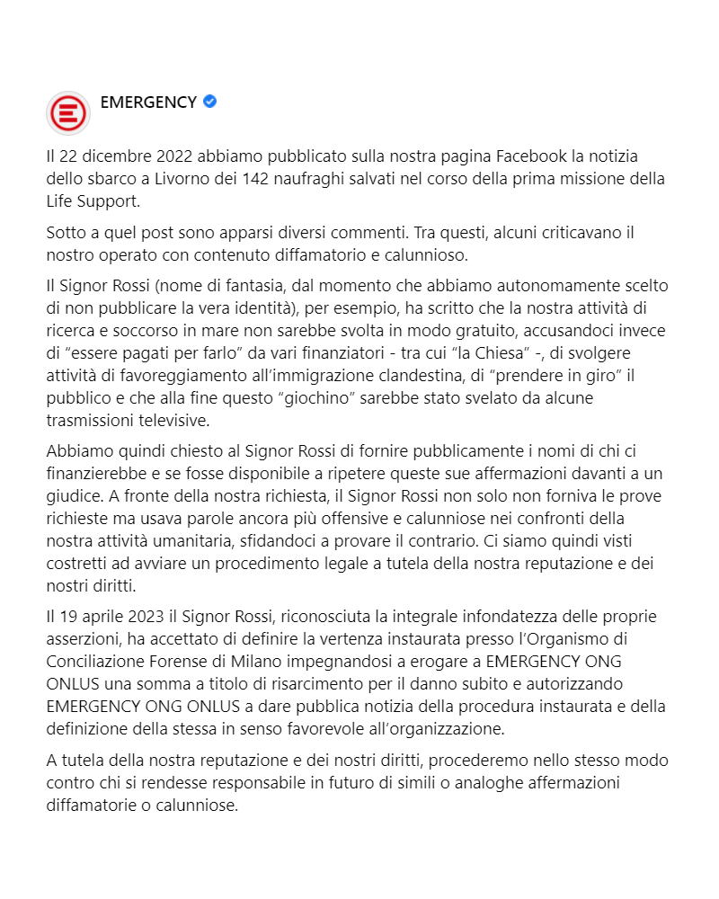 A tutela della nostra reputazione e dei nostri diritti, procederemo nello stesso modo contro chi si rendesse responsabile in futuro di simili o analoghe affermazioni diffamatorie o calunniose.
#LifeSupport