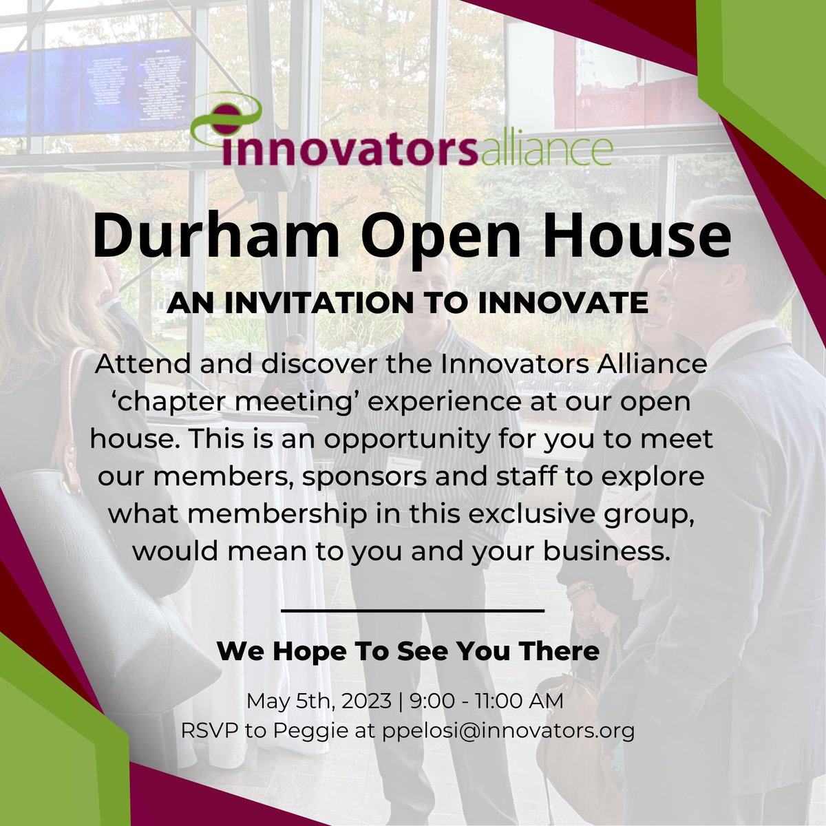InnovatorsAlnc's tweet photo. You're invited to our open house on May 5th to meet our members, sponsors, and explore what membership in our exclusive group can mean for your business.

Limited space available, so if you're interested, get in touch with our Executive Director Peggie at ppelosi@Innovators.org https://t.co/jOqNspqooA