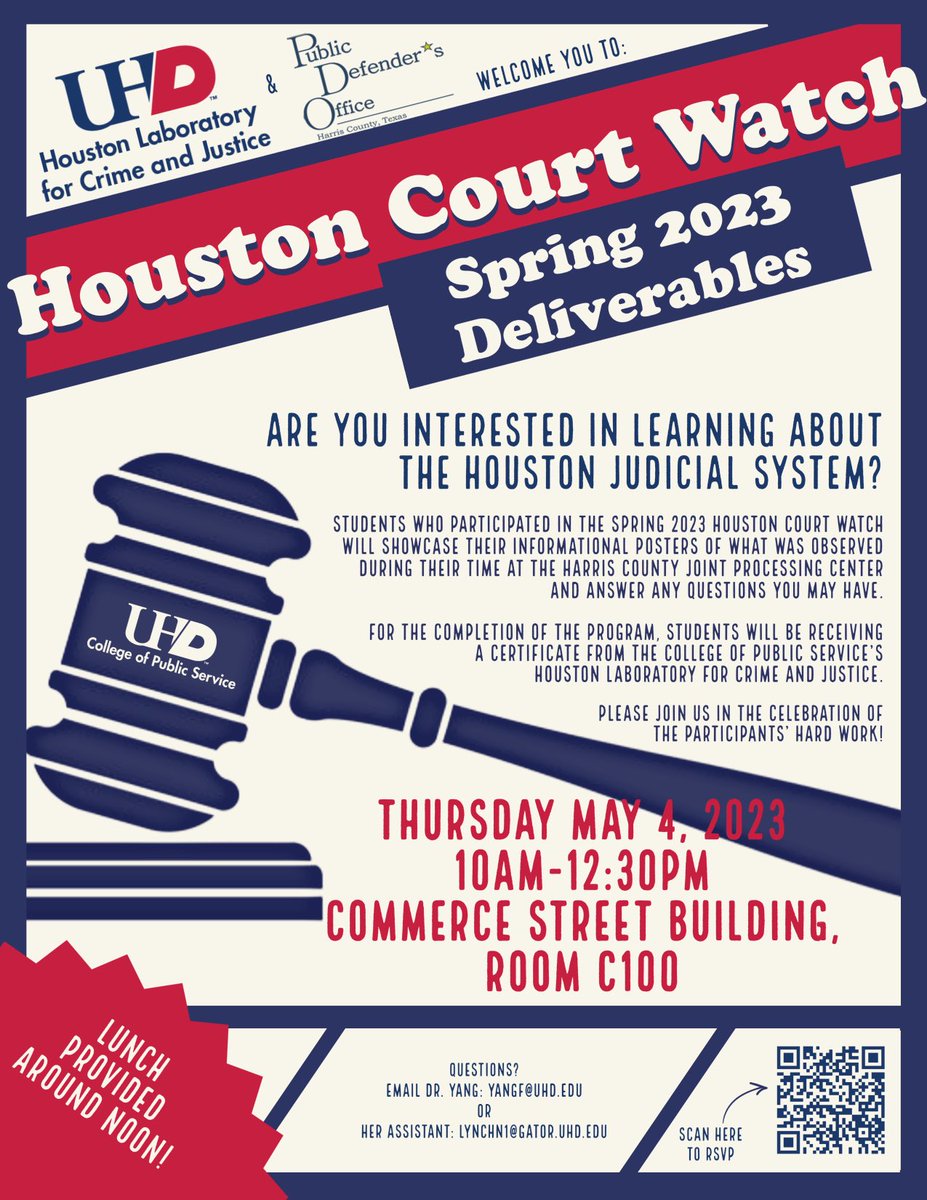 UHDHoustonLabCJ's tweet photo. The event is open to the public. Everyone is welcome❤️ Please RSVP by scanning the QR code on the flyer so that we can have a headcount for food☺️ Thank you, Dean Schwartz ⁦@uhdcpsdean⁩ for your continued support for our Houston Court Watch Program❤️ https://t.co/vizMqfRCFf