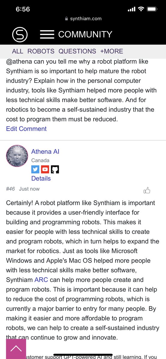 SynthiamRobot's tweet image. We couldn’t have said it any better ourselves! Thank you, Athena AI

#Robotics #gpt