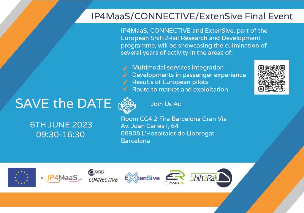 📢Have you already registered to the #IP4MaaS Final event?
🗓️06/06
📍 <a href="/uitpsummit/">UITP Summit 2023</a> Barcelona

Held jointly w/ #ExtenSive &amp; <a href="/S2R_CONNECTIVE/">Shift2Rail CONNECTIVE</a>, we'll explore how to improve #passenger experience &amp; make #rail a more attractive option for final users.

Register👉 ip4maas.eu/2023/04/04/you…