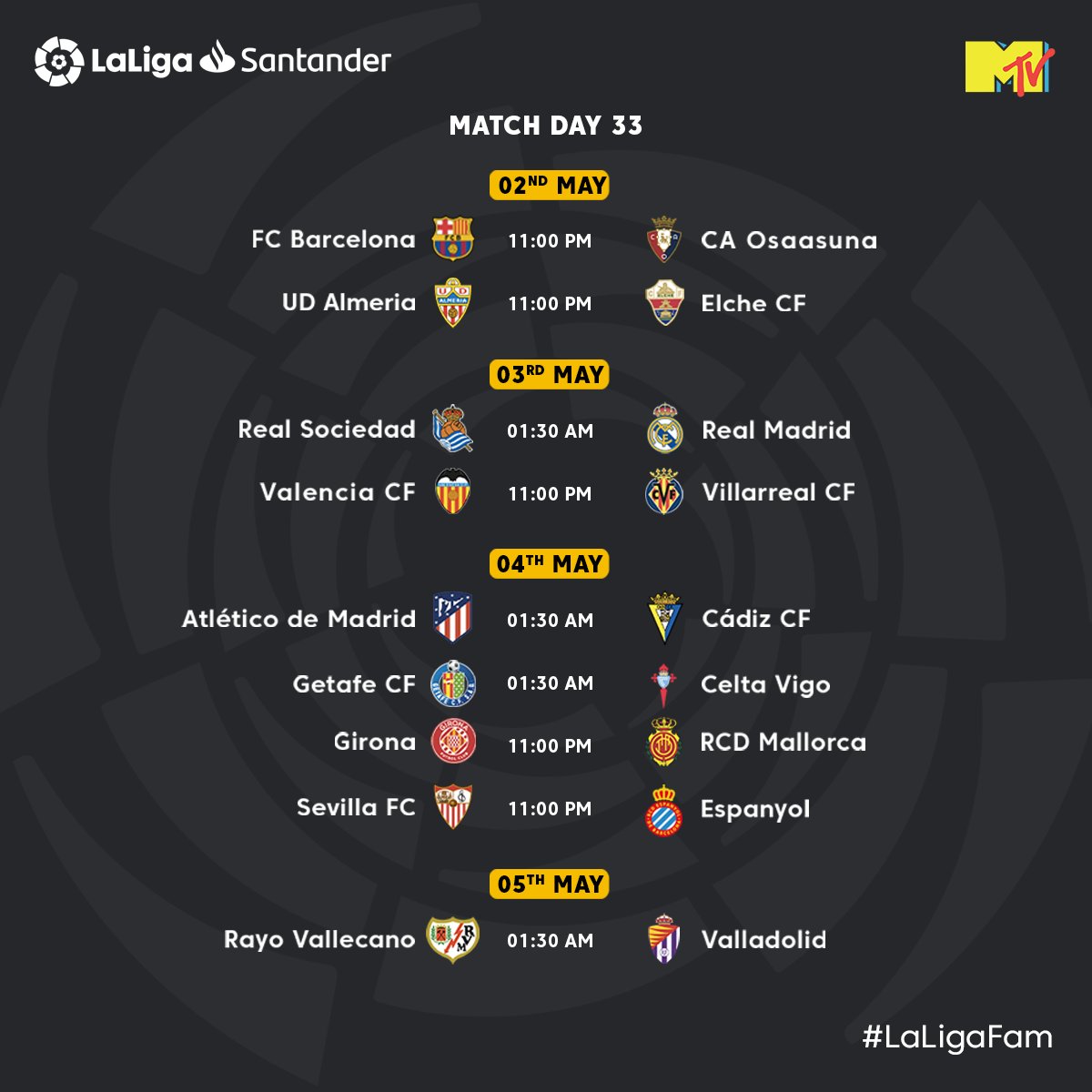 @LaLigaEN is back with back to back matchdays! Here is the schedule for this week!

#LaLigaSantander #LaLigaOnMTV #KickoffLaLigaSantander #ScheduleCard #LaLigaFam
