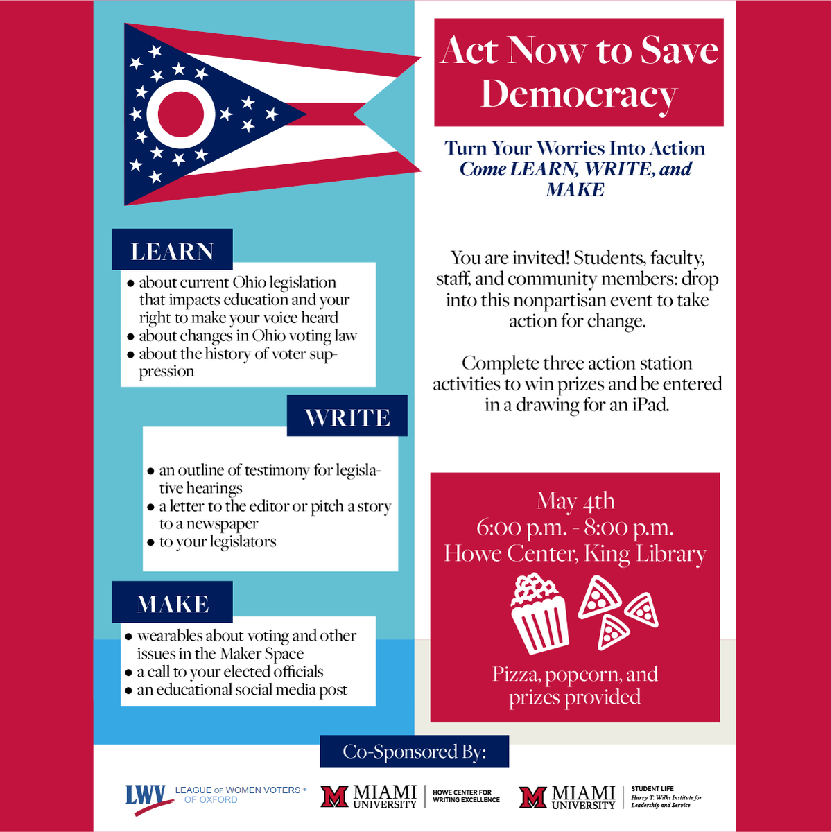 HCWEMiami's tweet photo. Happening this Thursday! Join us in the Howe Center in King Library this Thursday from 6-8pm for a multi-generational event co-sponsored and planned by students, faculty, staff, and community members.
#miamiOH #hwcmiami #hcwe #votingrights https://t.co/nuRWFb1FHE
