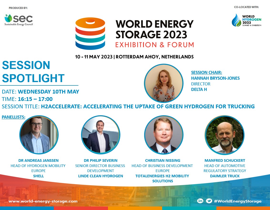 📢 SESSION SPOTLIGHT! 📢

Session: H2Accelerate: Accelerating the uptake of green hydrogen for trucking.

Date: Wednesday 10th May.
Time: 16:15 – 17:00.

✅Free Ticket: bit.ly/3YaMbQp 
📙Programme: bit.ly/3Iz1pch