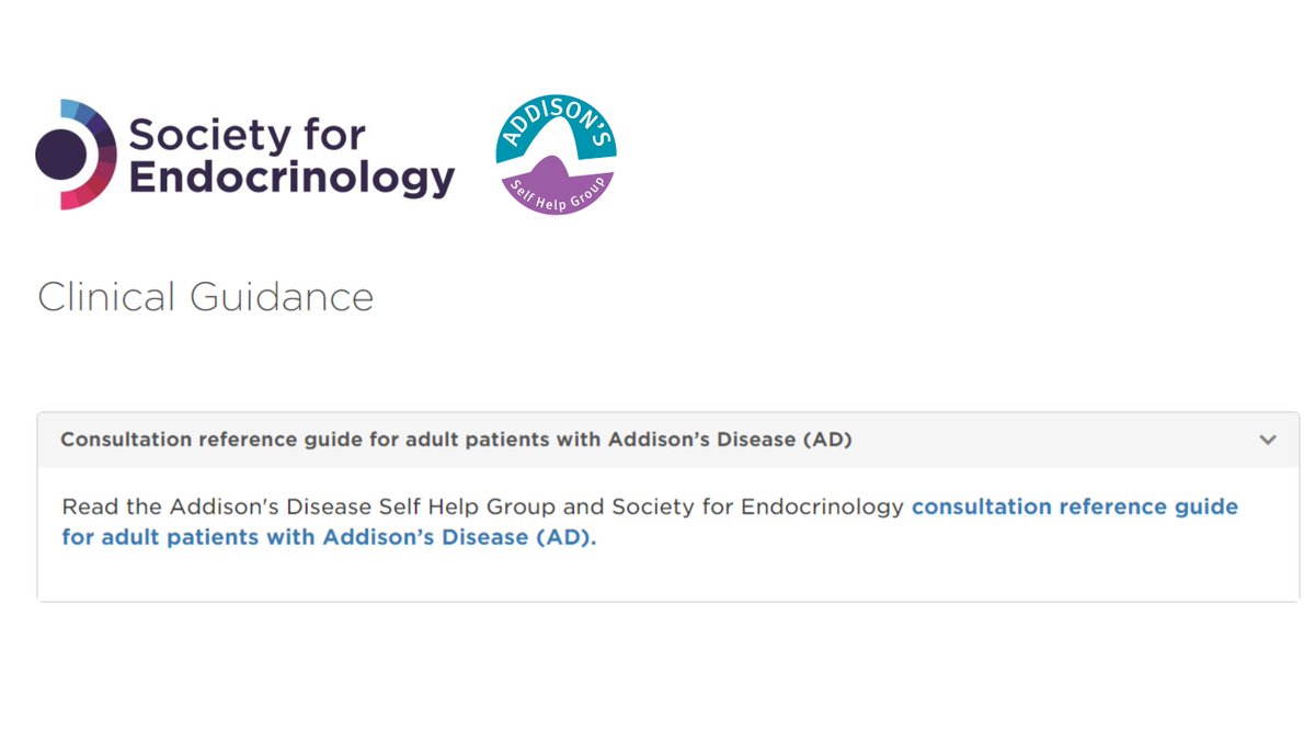 Addison's Disease Self-Help Group (ADSHG) (@addisonsuk) on Twitter photo Now available for endocrinologists & endocrine nurses, guidance by <a href="/Soc_Endo/">Society for Endo</a> & ADSHG to help at diagnosis, follow-up reviews, treatment monitoring & shared decision making.
📋Consultation reference guide for adult patients with Addison’s Disease (AD)
endocrinology.org/clinical-pract… Now available for endocrinologists & endocrine nurses, guidance by <a href="/Soc_Endo/">Society for Endo</a> & ADSHG to help at diagnosis, follow-up reviews, treatment monitoring & shared decision making.
📋Consultation reference guide for adult patients with Addison’s Disease (AD)
endocrinology.org/clinical-pract…