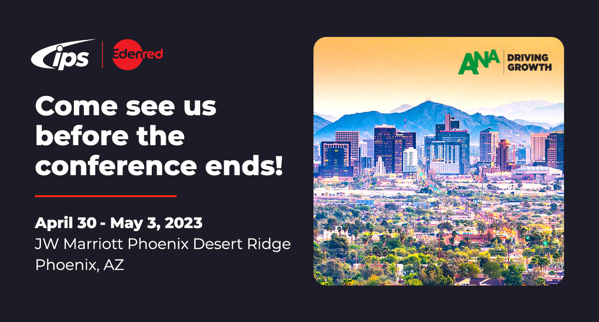 IPSwrx's tweet photo. Two more days -- Stop by the Edenred booth and chat with IPS and CSI! #apautomation #invoicetopay #payables
ANA Advertising Financial Management Conference 2023 https://t.co/nRoxDwW0iY https://t.co/YmbkaN3NYz