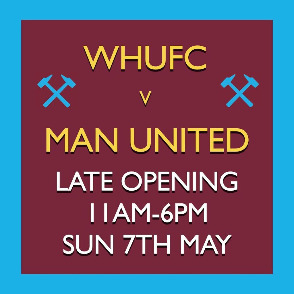 Open for an extra 2 hours on Sunday, also open till 7pm for WHU v AZ Alkmaar Thursday 11th #COYI #westham #WestHam #WestHamUnited #coyi #pieandmash instagr.am/p/CrvcdA9No-_/