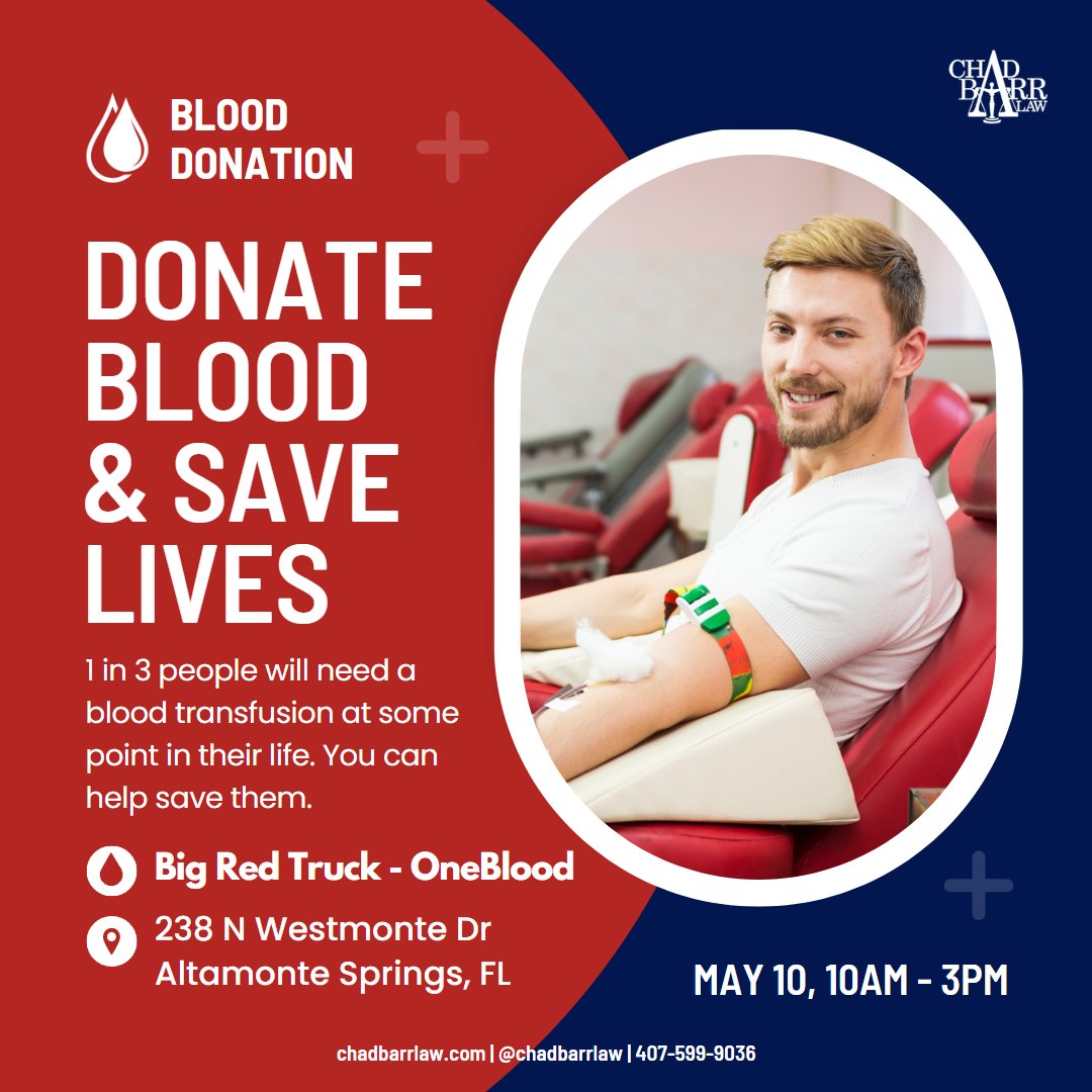 ChadBarrLaw's tweet photo. 1 in 3 people will need a blood transfusion at some point in their lives? You can help those who will need a transfusion before you do. Join us on May 10. Get a free health screening, a $20 Gift Card, and a OneBlood t-shirt.

Sign up today! https://t.co/PA0ueYAZoZ https://t.co/9cfMMKQ7tY