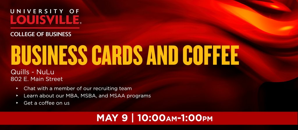 Our Business Cards and Coffee event returns one week from today! Choosing a graduate program can be overwhelming, but it doesn't have to be! Let's make this process fun and easy. Plus, who doesn't love coffee? We can't wait to meet with you! #UofLMBA #UofLMSBA #UofLMSAA