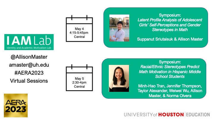 GREAT NEWS-the fun of #aera2023 is not over! Awesome talks on Thursday and Friday this week at the virtual sessions: Dr. Suppanut Sriutaisuk will present his cool dissertation work, and Minh-Hao Tran will present our work on racial/ethnic stereotypes about interest in STEM! 👇