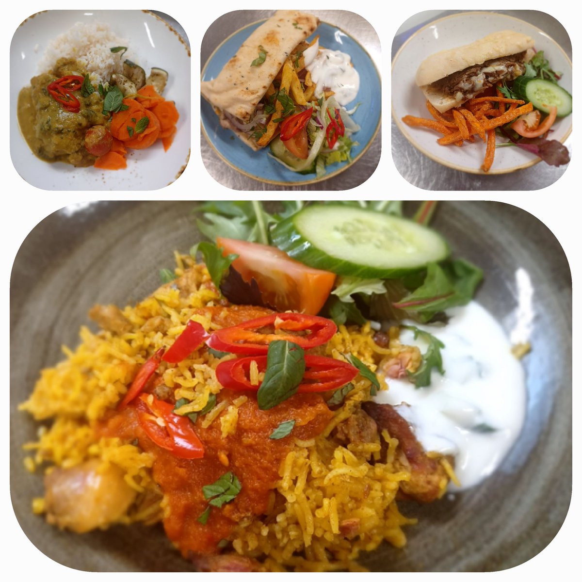 @Steppinghill Today's delights in the staff restaurant Steamed fish in a coconut curry sauce , Chicken Gyros with Tzatziki , Pulled BBQ Beef ciabatta with melted cheese and Chicken Byriani with a Rogan Josh sauce .. 😋 @rnick70 @DuncanONeill2 @jayathilakekaak @EmmaSFTCatering