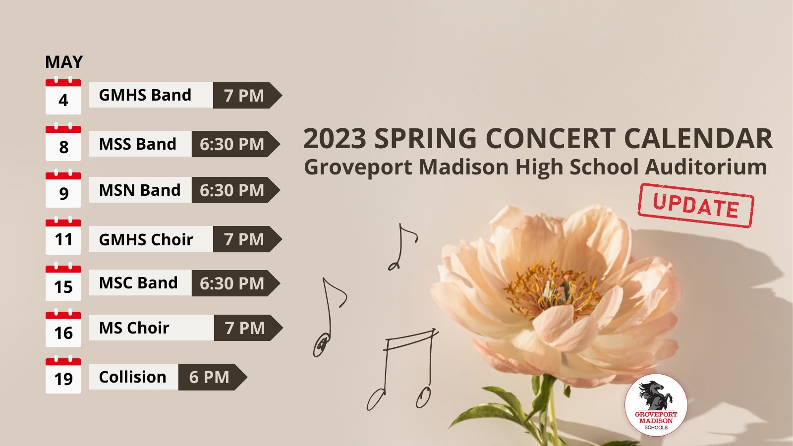 Groveport Madison Schools on X: "Update to our concert calendar! MSC Band  is now performing on May 15, 6:30 PM #igtbac https://t.co/Q8LVRLYi72" / X