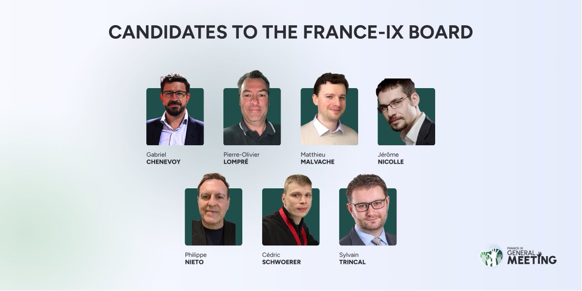 ixpfranceix's tweet photo. 👐[#GENERALMEETING] Two seats within France-IX's Association Board Committee are to be renewed on Thursday 11 May! Here are the names of the 7 official candidates to fill these positions 
To find out who can vote and how to proceed 👉https://t.co/3SZVNMKxVn #FRANCEIXGM https://t.co/TPnPKSo4m6