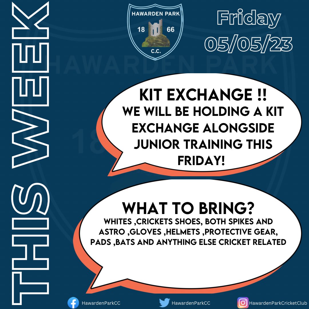 This Friday, 5 May, we will be holding a kit exchange alongside junior training. Bring along: Whites Crickets shoes, both spikes and astro Gloves Helmets Protective gear Pads Bats And anything else cricket related that could be of use to others. Thank you in advance 🏏