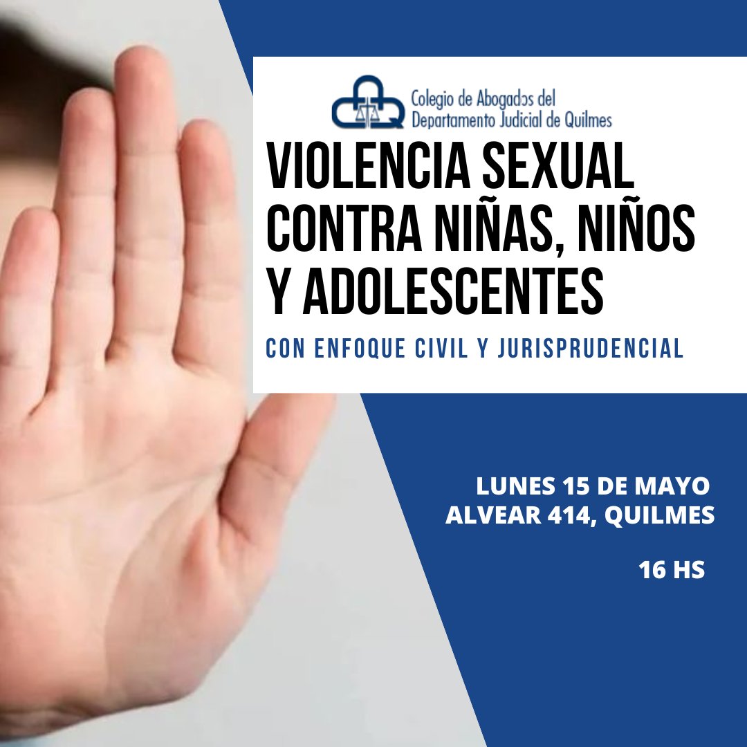 VIOLENCIA SEXUAL CONTRA NIÑAS, NIÑOS Y ADOLESCENTES

📌LUNES 15 DE MAYO
🕓16 HS.

👥 PRESENCIAL: Salón Auditorio, Alvear 414, Quilmes.

💻 ZOOM
🔹ID: 874 1757 0081
🔹Código: violencia

A cargo del: Dr. Diego Ortíz

✒️ INSCRIPCIÓN:
🔹 caq@caq.org.ar
🔹 11-4024-8141