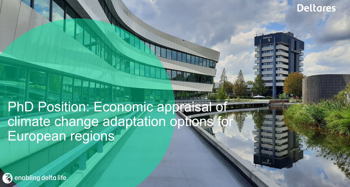 #Vacancy PhD Position: Economic appraisal of climate change adaptation options for European regions. We are looking for a motivated PhD candidate for the ACCREU (Assessing Climate Change Risk in EUrope) project. More information 👇👇 bit.ly/3VoE7vC #careersatDeltares