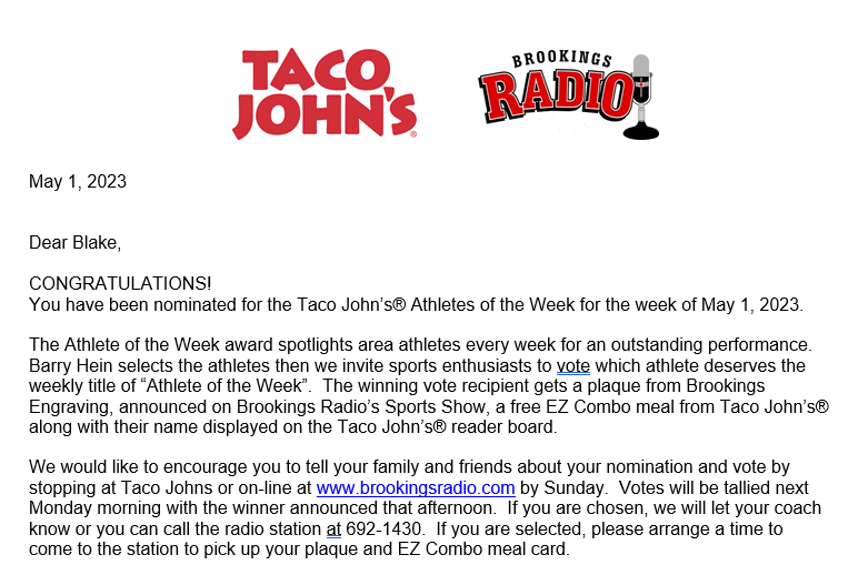 ElkstrackF's tweet photo. Congratulations to Blake DeVries!  He was nominated for Athlete of the Week by Brookings Radio.
Go to https://t.co/gGqcfWJHhR and vote for Blake! https://t.co/D4t1Xu3PaE