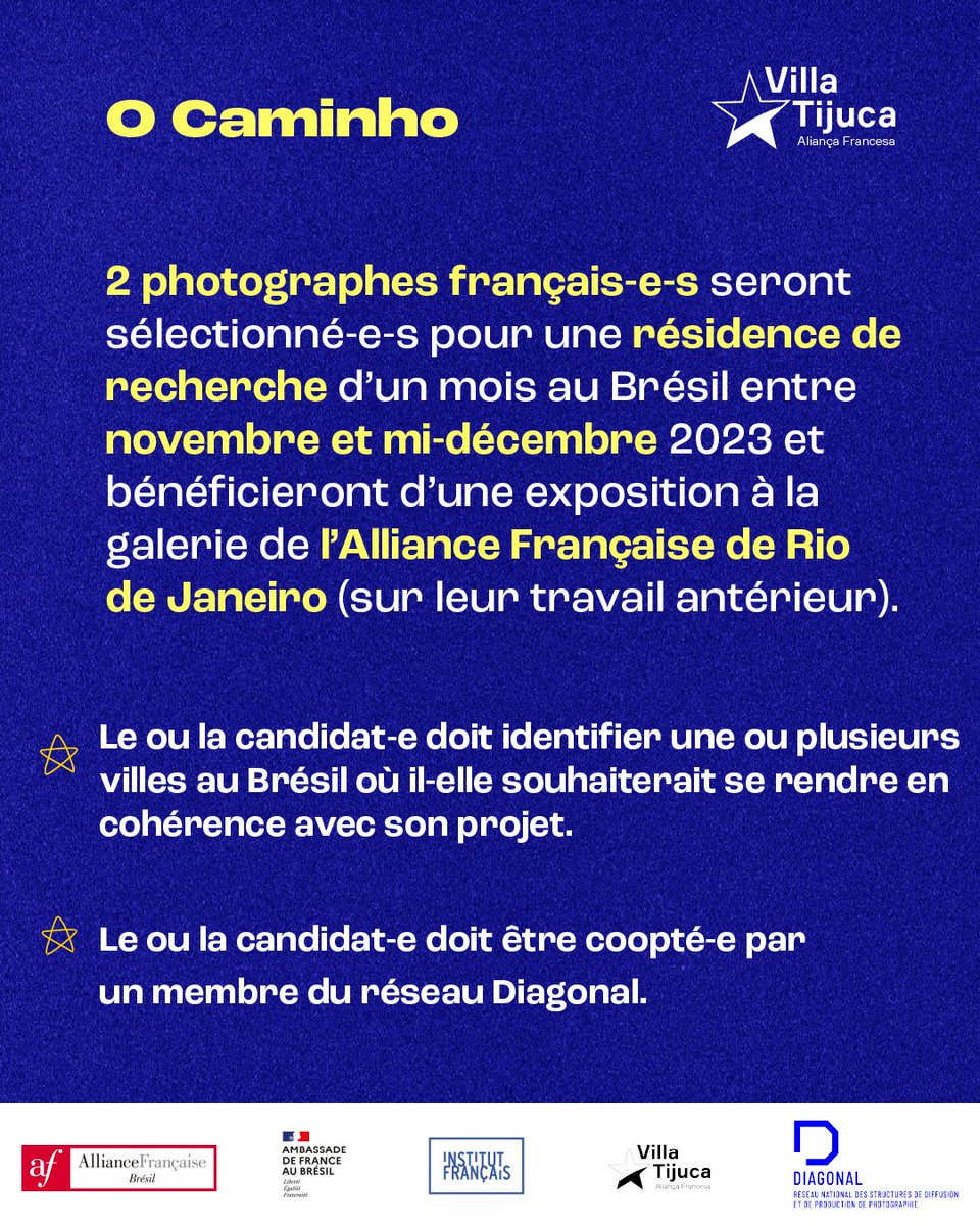 IFParis's tweet photo. #OPENCALL 📢 L’appel à candidatures du programme “O Caminho” de la Villa Tijuca est ouvert ! 🇧🇷

📷 L'appel s’adresse à des artistes photographes 🇫🇷, et est ouvert jusqu’au 2 juin 2023 : https://t.co/SChLNKxeRX
-
@AliancaFrancesa @franceaubresil @reseauDIAGONAL @rioAF https://t.co/5xxoP0TrRq