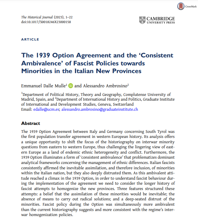 📣Out now on #firstview!

Emmanuel Dalle Mulle (@Emmanuel__DM) and Alessandro Ambrosino (@iheid_history) on 'The 1939 Option Agreement and the ‘Consistent Ambivalence’ of Fascist Policies towards Minorities in the Italian New Provinces'

🔓Read OA here: cambridge.org/core/journals/…