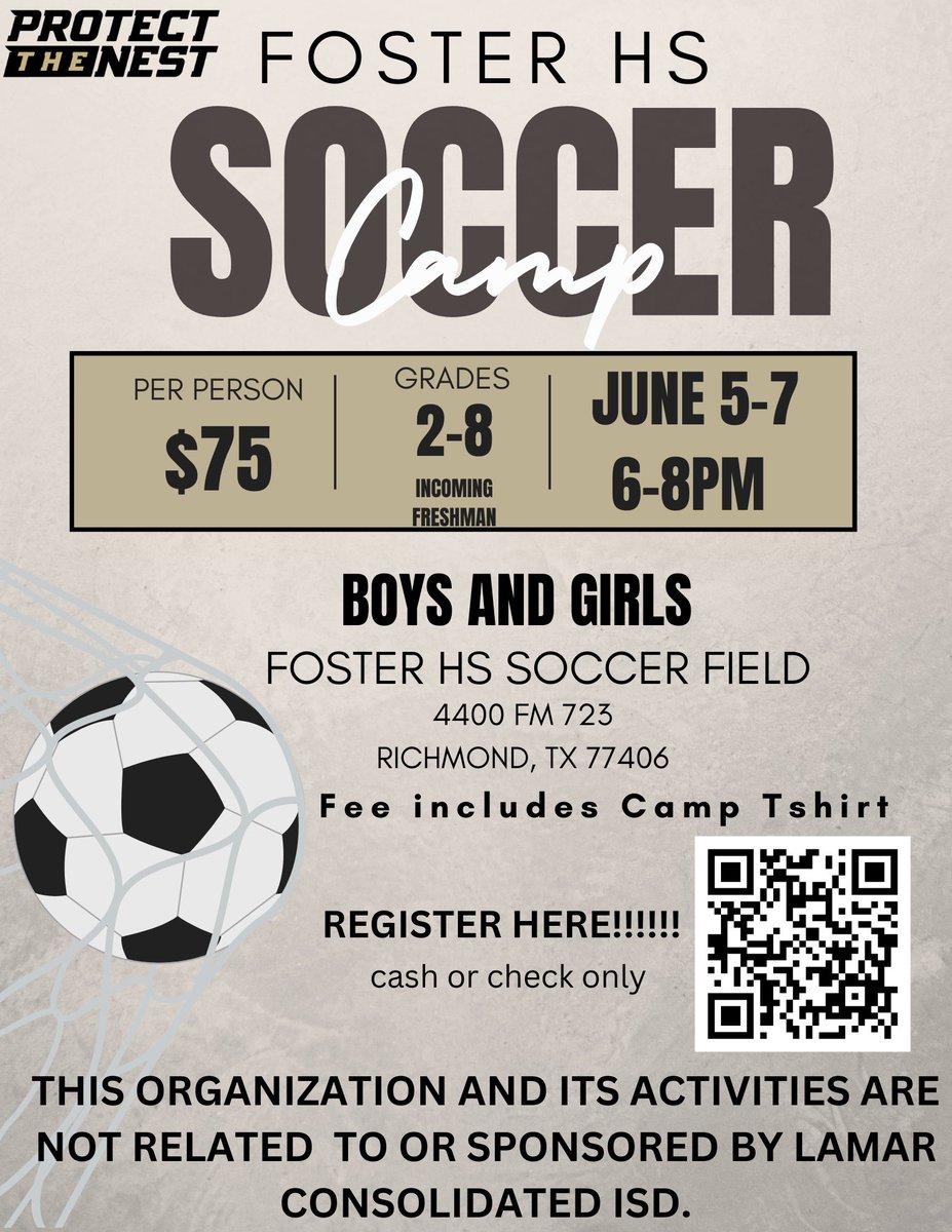 ‼️FOSTER HS SOCCER CAMP‼️ Join us and <a href="/FosterSoccerMen/">Foster Mens Soccer</a> for the best soccer camp in the area!! Please register using the QR code!! We look forward to seeing everyone there!💛⚽️🖤 #ptn #futurefalcons