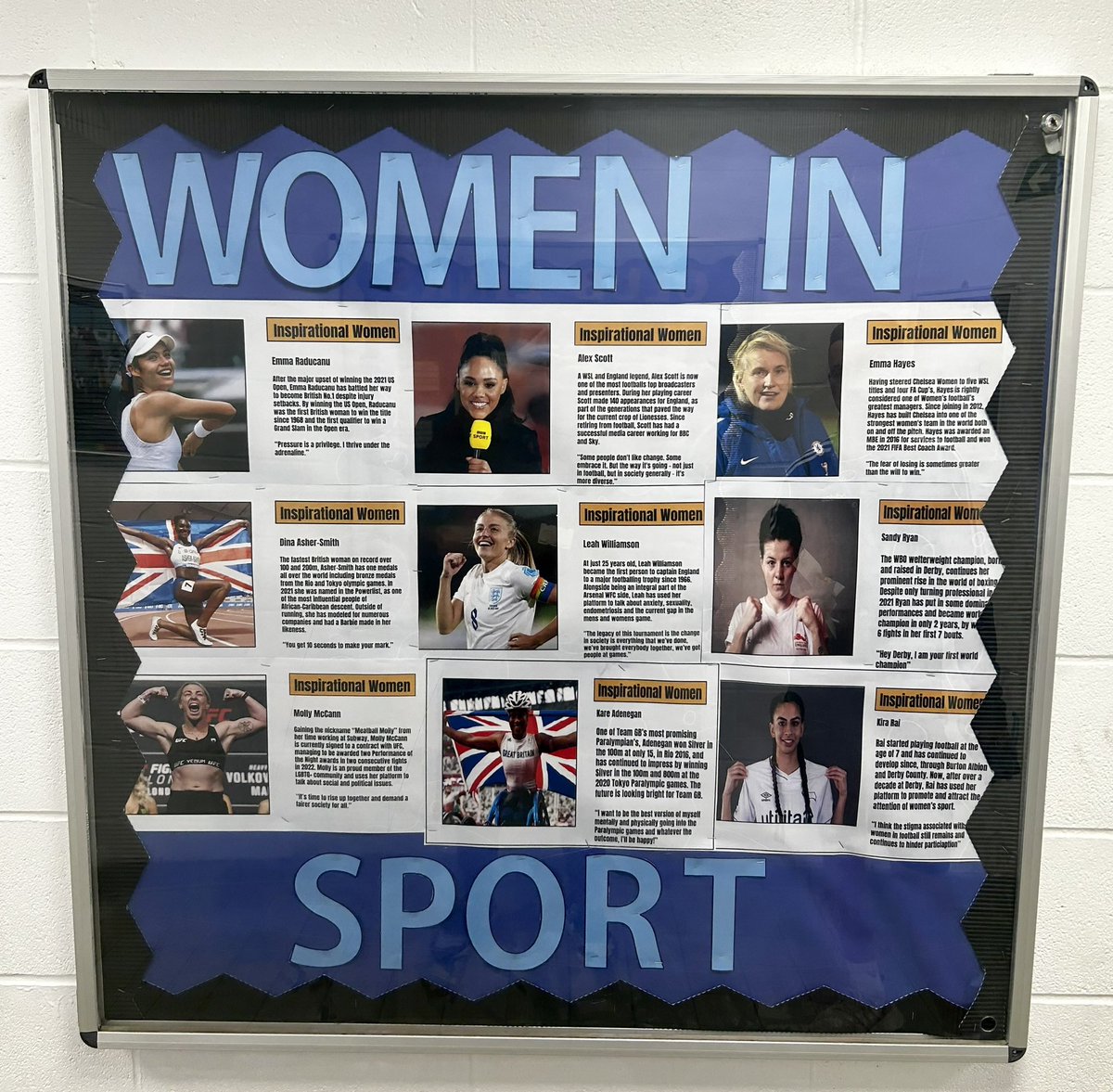 Our inspirational women’s board is up! 📸

<a href="/EmmaRaducanu/">Emma Raducanu</a> <a href="/AlexScott/">Alex Scott</a> <a href="/emmahayes1/">Emma Hayes OBE</a> <a href="/dinaashersmith/">Dina Asher-Smith</a> <a href="/leahcwilliamson/">Leah Williamson</a> <a href="/sandyryan93/">Sandy Ryan</a> <a href="/MeatballMolly/">Molly McCann</a> <a href="/AdeneganK/">Karé Adenegan</a> 💪🏼
