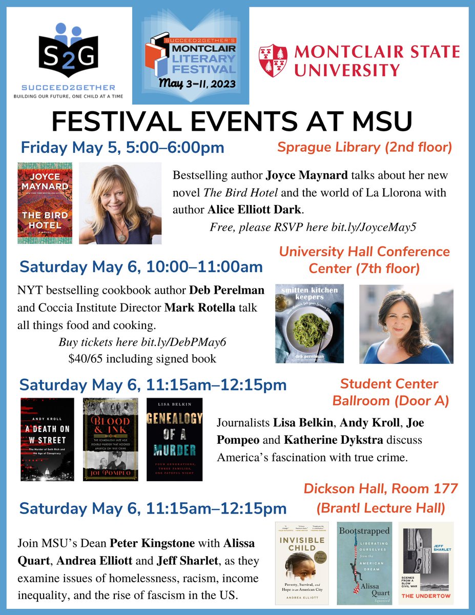 We're excited to partner with Montclair State University and hold some events on campus starting this Friday afternoon! FREE PARKING AT RED HAWK DECK and FREE SHUTTLE BUS FROM DOWNTOWN ON SATURDAY MAY 6. All the details on the flyer below/website succeed2gether.org/mlf23/ #s2gmlf23