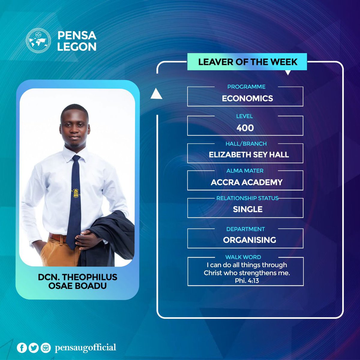 pensaugofficial's tweet photo. As part of the Leaver’s Committee’s quest to appreciate some members of the church, the leaver of the week initiative has been rolled out.

Our leaver for this week is Dcn. Theophilus Osae Boadu🎓🎊

LEAVERS 2023🎊
_God did!✨_ 

LEAVERS 2023🎊
_Leaving in Excellence!🥳_ https://t.co/yGRE6067kd