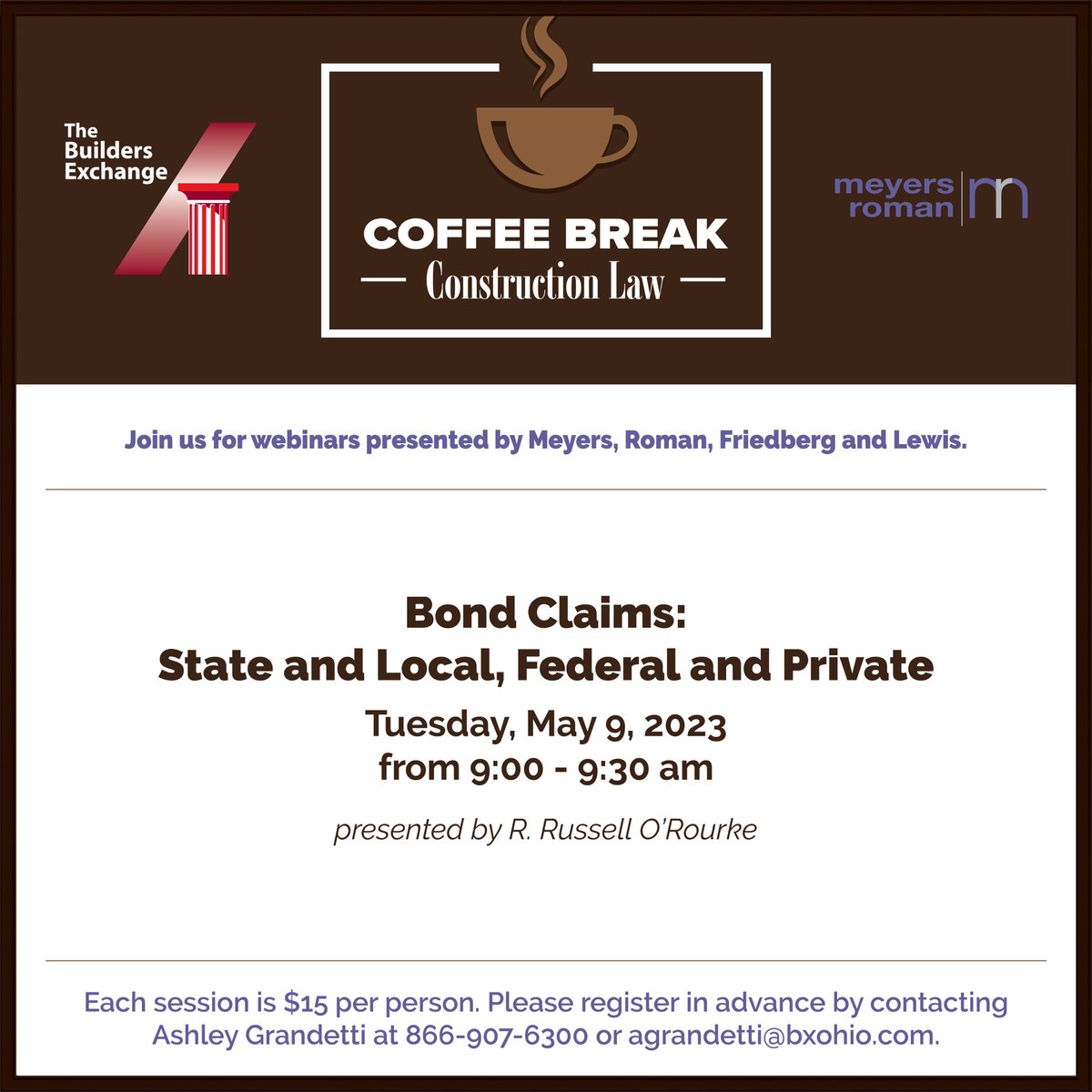 BXOHINC's tweet photo. Have you signed up for the next Coffee Break webinar? Join us for our next class in the series - 'Bond Claims: State and Local, Federal and Private' - May 9th at 9:00 am! Register here: https://t.co/lFToovv7we https://t.co/FixhiJCONn
