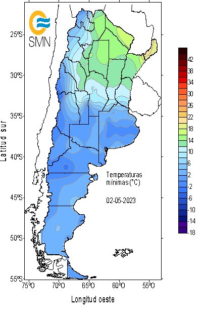 SMN_Argentina's tweet photo. #Temperaturas mínimas de hoy (°C) 🌡️🥶
Uspallata -3,1
Maquinchao -3
Azul -2,1
Malargüe -1,8
Bariloche -1,7
Pehuajó -1,4
Bolívar -1
Villa Gesell -1
Dolores -0,9
Coronel Suárez -0,8
Tandil -0,5
Villa Reynolds -0,5
El Bolsón -0,3
Olavarría -0,1
Victorica 0
San Antonio Oeste 0,2 https://t.co/9te1acza9v