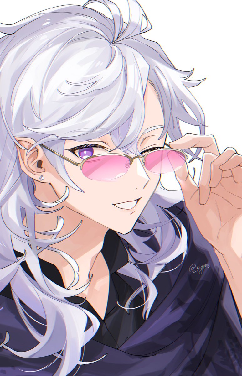 merlin (fate) male focus 1boy long hair one eye closed solo purple eyes smile  illustration images