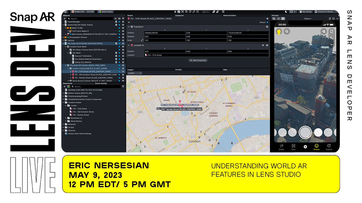 LensStudioDev's tweet photo. Here's your chance to learn all about creating Custom Location experiences with World AR. Join AR Software Engineer, Eric Nersesian for this livestream, May 9, 12 p.m. EDT at https://t.co/hWq8clwASF https://t.co/qe4IOuHcf2