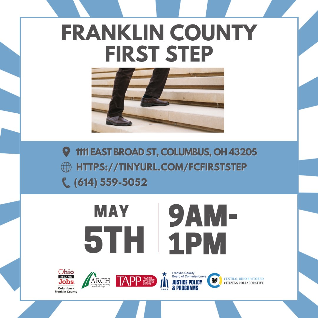 The start of a new month means it time for Franklin County First Step! Join us Friday (5/5) from 9A-1P and connect with community partners providing hope and help to anyone making the next step in their journey. Register at rebrand.ly/85wz65v. Walk-ins are also encouraged!
