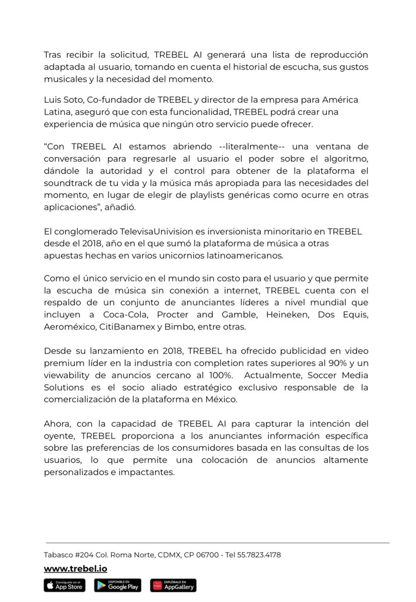 TUPrensa's tweet photo. #TREBEL se convierte en la primera app en implementar tecnologías GPT de #InteligenciaArtificial para revolucionar la forma en que disfrutamos la música. 🎧🔥 ¿Quieres una playlist que refleje tu estado de ánimo? Chatea con TREBEL AI y genera playlists tan únicos como tú. https://t.co/vvQUaWoGz1