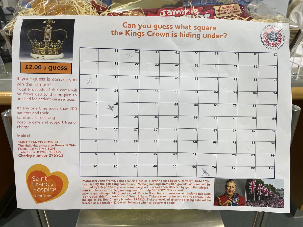 Were raising money for <a href="/SFHUK/">Saint Francis Hospice</a> for the upcoming coronation! Be in with the chance of winning this wonderful hamper just in time for the bank holiday! Can you guess which number the kings crown is hiding under? £2 a guess. All proceeds will go towards SFH.  Good Luck!!👑