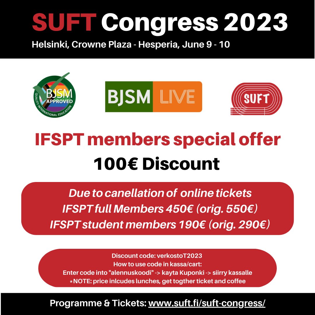 NOTE IFSPT discount for live attendance at SUFT Congress, June 9-10!

Information here: suft.fi/suft-congress/

How to access discount on graphic&gt;&gt;&gt;