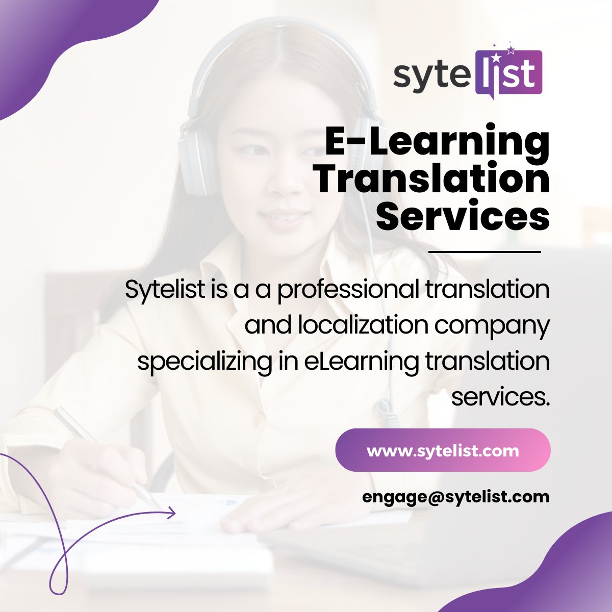 sytelist's tweet image. Sytelist eLearning provides a full suite of translation and localization solutions in over 100 languages.
Tell us about your translation and localization 
#elearningtranslation #localization #languageserviceprovider #languagelearning #technicaltranslation #translationvendor